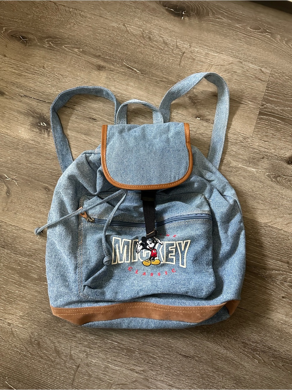 Light Blue Denim-Style Mickey Backpack with Brown Trim